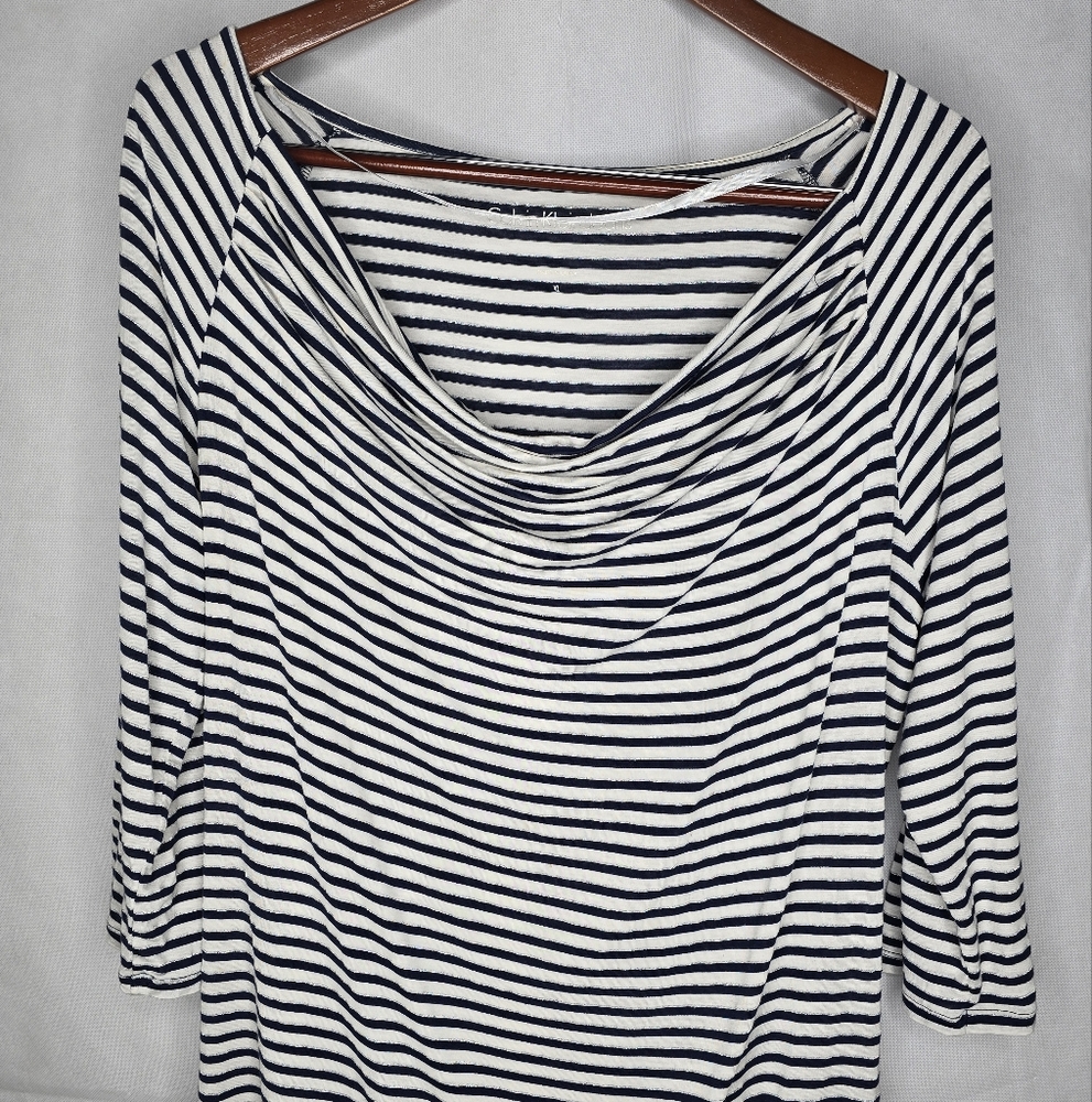 Calvin Klein Top White Blue Metallic Silver Drapey Scoop Neck 3/4 Sleeve